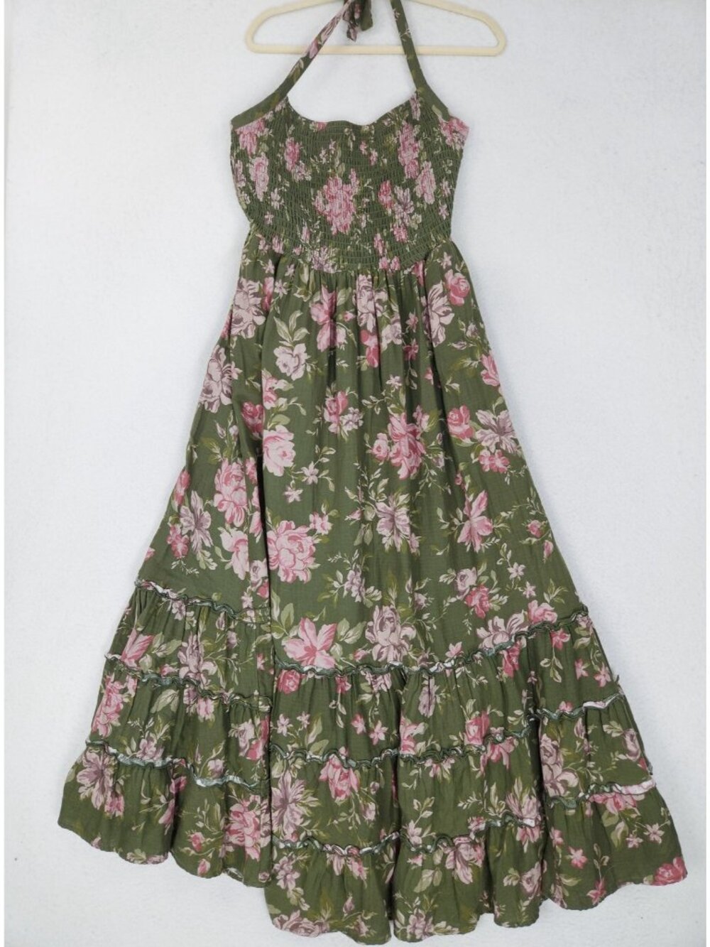 Torrid Dress Womens 2X Green Pink Floral Halter Smocked Maxi Festi Ruffle NEW